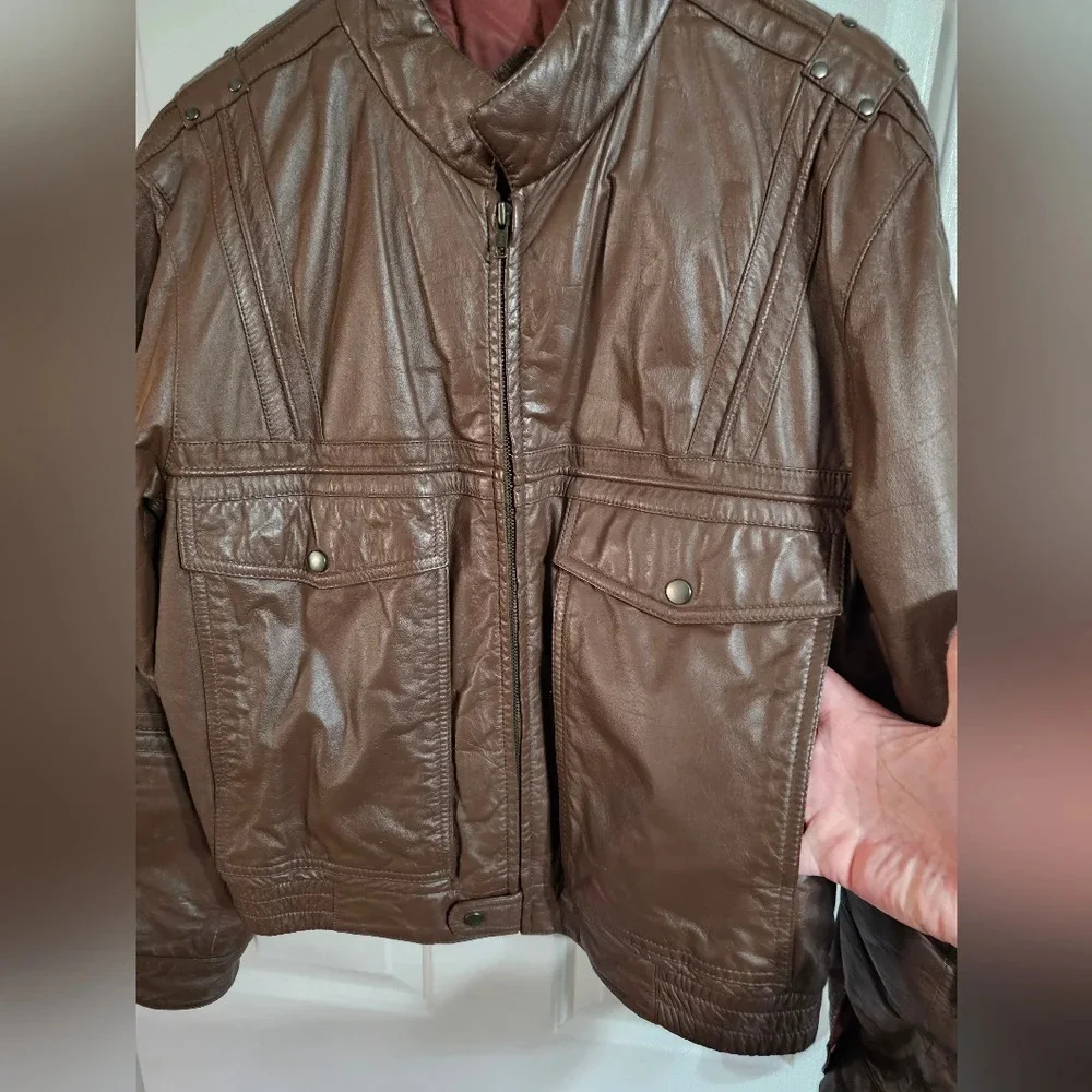 American Male Mens Size M Brown Leather Jacket Vintage 80s Moto Aviator Archival - Picture 3 of 9